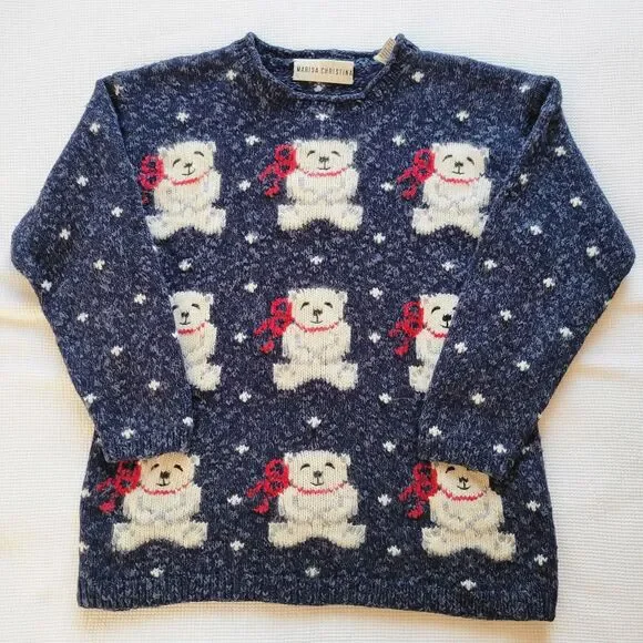 Vintage MARISA CHRISTINA Teddy Bear Sweater Sz S Wool Blend 3/4 Sleeve Christmas - Picture 1 of 8